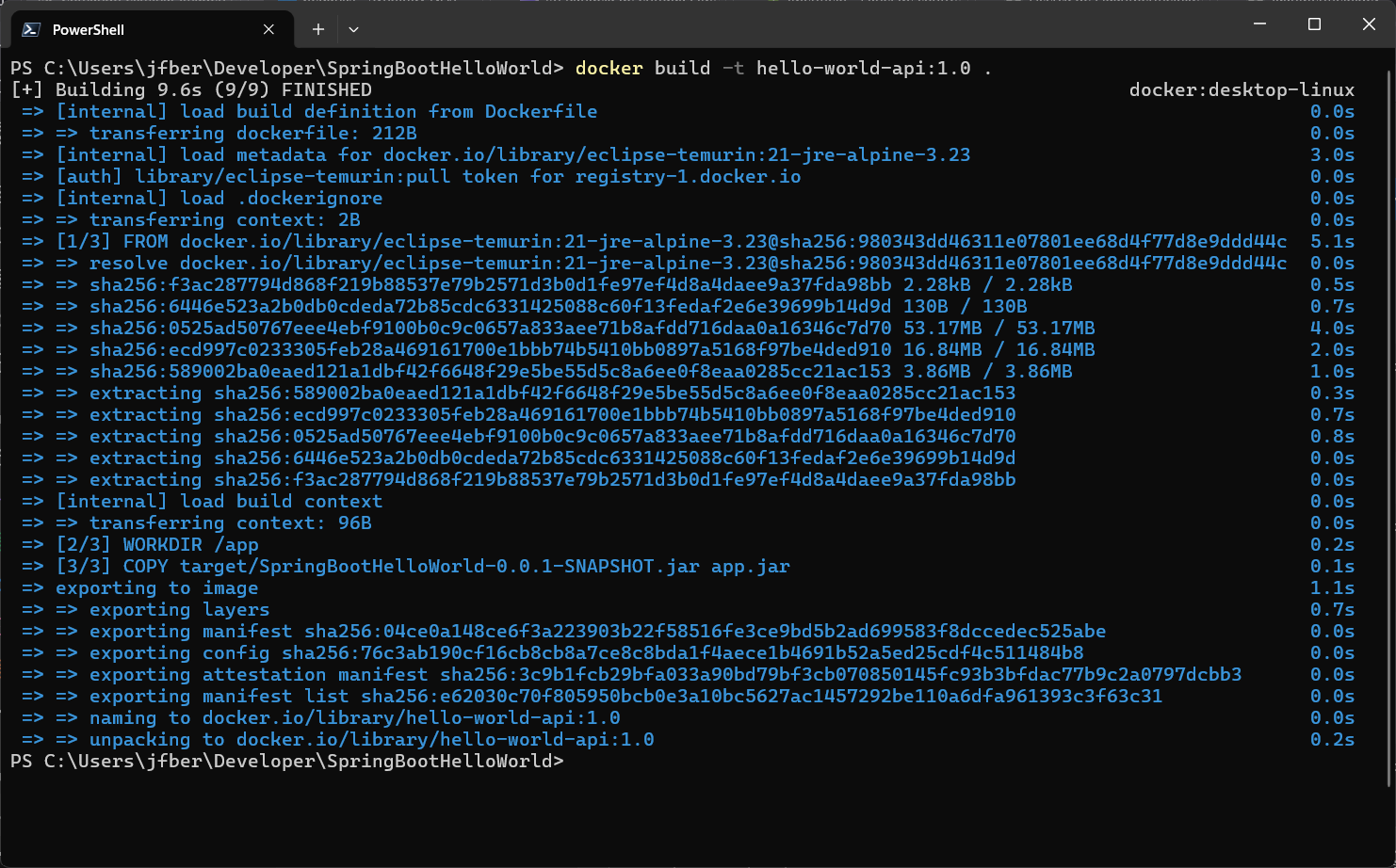 Pantalla de terminal que muestra el resultado de la construcción de la imagen Docker
